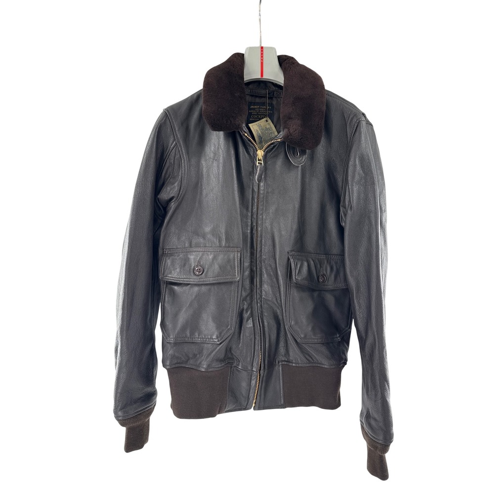 Cockpit USA Flight Jacket Mens 44 Brown G-1 US Navy‎ Aviator Leather Bomber Fur